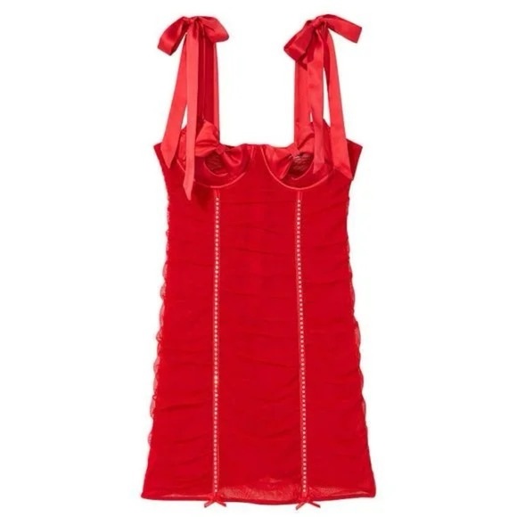 New! Victorias Secret Wicked Open-Cup Bling Ruched Slip Red 31603 - Picture 1 of 13